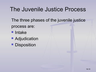 The Juvenile Justice Process
The three phases of the juvenile justice
process are:
 Intake

 Adjudication

 Disposition




                                           16-10
 