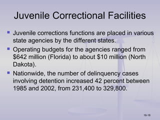Juvenile Correctional Facilities
   Juvenile corrections functions are placed in various
    state agencies by the different states.
   Operating budgets for the agencies ranged from
    $642 million (Florida) to about $10 million (North
    Dakota).
   Nationwide, the number of delinquency cases
    involving detention increased 42 percent between
    1985 and 2002, from 231,400 to 329,800.



                                                    16-18
 
