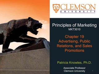 Principles of Marketing
MKT3010
Chapter 19
Advertising, Public
Relations, and Sales
Promotions
Patricia Knowles, Ph.D.
Associate Professor
Clemson University 1
 