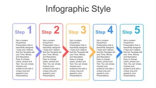 Infographic Style
Step 1 Step 2 Step 5
Step 3 Step 4
Get a modern
PowerPoint
Presentation that is
beautifully designed.
I hope and I believe
that this Template will
your Time, Money
and Reputation.
Easy to change
colors, photos and
Text. You can simply
impress your
audience and add a
unique zing and
appeal to your
Presentations.
Get a modern
PowerPoint
Presentation that is
beautifully designed.
I hope and I believe
that this Template will
your Time, Money
and Reputation.
Easy to change
colors, photos and
Text. You can simply
impress your
audience and add a
unique zing and
appeal to your
Presentations.
Get a modern
PowerPoint
Presentation that is
beautifully designed.
I hope and I believe
that this Template will
your Time, Money
and Reputation.
Easy to change
colors, photos and
Text. You can simply
impress your
audience and add a
unique zing and
appeal to your
Presentations.
Get a modern
PowerPoint
Presentation that is
beautifully designed.
I hope and I believe
that this Template will
your Time, Money
and Reputation.
Easy to change
colors, photos and
Text. You can simply
impress your
audience and add a
unique zing and
appeal to your
Presentations.
Get a modern
PowerPoint
Presentation that is
beautifully designed.
I hope and I believe
that this Template will
your Time, Money
and Reputation.
Easy to change
colors, photos and
Text. You can simply
impress your
audience and add a
unique zing and
appeal to your
Presentations.
 