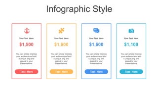 Infographic Style
Your Text Here
$1,800
You can simply impress
your audience and add
a unique zing and
appeal to your
Presentations.
Your Text Here
$1,600
You can simply impress
your audience and add
a unique zing and
appeal to your
Presentations.
Your Text Here
$1,500
You can simply impress
your audience and add
a unique zing and
appeal to your
Presentations.
Your Text Here
$1,100
You can simply impress
your audience and add
a unique zing and
appeal to your
Presentations.
Text Here Text Here
Text Here Text Here
 