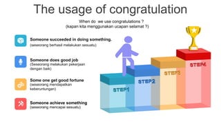 The usage of congratulation
Someone succeeded in doing something.
(seseorang berhasil melakukan sesuatu)
Someone does good job
(Seseorang melakukan pekerjaan
dengan baik)
Some one get good fortune
(seseorang mendapatkan
keberuntungan)
Someone achieve something
(seseorang mencapai sesuatu)
When do we use congratulations ?
(kapan kita menggunakan ucapan selamat ?)
 