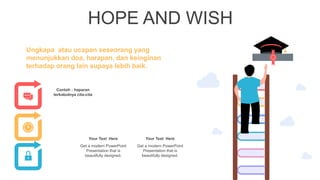 HOPE AND WISH
Ungkapa atau ucapan seseorang yang
menunjukkan doa, harapan, dan keinginan
terhadap orang lain supaya lebih baik.
Contoh : haparan
terkabulnya cita-cita
Your Text Here
Get a modern PowerPoint
Presentation that is
beautifully designed.
Your Text Here
Get a modern PowerPoint
Presentation that is
beautifully designed.
 