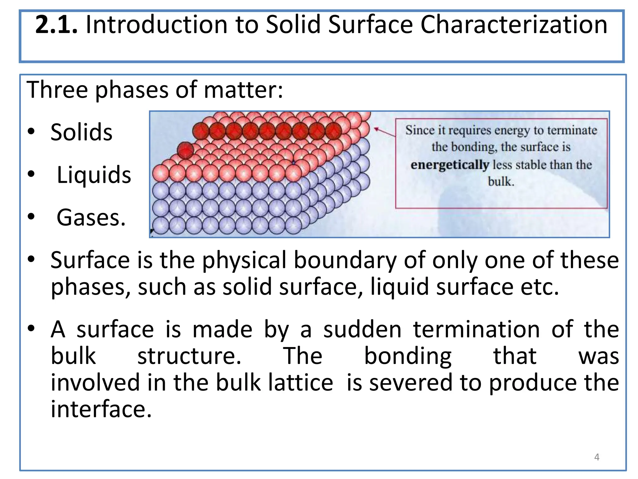 2.1. Introduction to Solid Surface Characterization
Three phases of matter:
• Solids
• Liquids
• Gases.
• Surface is the physical boundary of only one of these
phases, such as solid surface, liquid surface etc.
• A surface is made by a sudden termination of the
bulk structure. The bonding that was
involved in the bulk lattice is severed to produce the
interface.
4
 