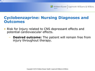Cyclobenzaprine: Nursing Diagnoses and 
Outcomes 
• Risk for Injury related to CNS depressant effects and 
potential cardiovascular effects. 
– Desired outcome: The patient will remain free from 
injury throughout therapy. 
Copyright © 2012 Wolters Kluwer Health | Lippincott Williams & Wilkins 
 