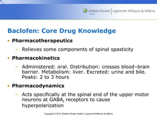 Baclofen: Core Drug Knowledge 
• Pharmacotherapeutics 
– Relieves some components of spinal spasticity 
• Pharmacokinetics 
– Administered: oral. Distribution: crosses blood–brain 
barrier. Metabolism: liver. Excreted: urine and bile. 
Peaks: 2 to 3 hours 
• Pharmacodynamics 
– Acts specifically at the spinal end of the upper motor 
neurons at GABAB receptors to cause 
hyperpolarization 
Copyright © 2012 Wolters Kluwer Health | Lippincott Williams & Wilkins 
 
