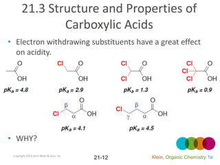 21.3 Structure and Properties of
               Carboxylic Acids
• Electron withdrawing substituents have a great effect
  on acidity.




• WHY?
 Copyright 2012 John Wiley & Sons, Inc.
                                          21-12   Klein, Organic Chemistry 1e
 