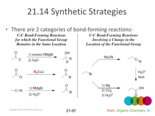 21.14 Synthetic Strategies
• There are 2 categories of bond-forming reactions:




 Copyright 2012 John Wiley & Sons, Inc.
                                          21-97   Klein, Organic Chemistry 1e
 