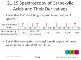 21.15 Spectroscopy of Carboxylic
        Acids and Their Derivatives
• Recall that C=O stretching is a prominent peak in IR
  spectra.




• Recall that conjugated carbonyl signals appear at lower
  wavenumbers (about 40 cm-1 less).


 Copyright 2012 John Wiley & Sons, Inc.
                                          21-99   Klein, Organic Chemistry 1e
 