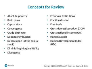 Copyright © 2020, 2015 Michael P. Todaro and Stephen C. Smith
Concepts for Review
• Absolute poverty
• Brain drain
• Capital stock
• Convergence
• Crude birth rate
• Dependency burden
• Depreciation (of the capital
stock)
• Diminishing Marginal Utility
• Divergence
• Economic Institutions
• Fractionalization
• Free trade
• Gross domestic product (GDP)
• Gross national income (GNI)
• Human capital
• Human Development Index
(HDI)
 