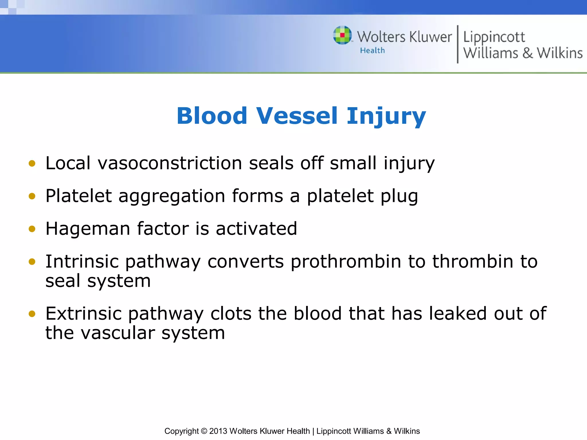 Copyright © 2013 Wolters Kluwer Health | Lippincott Williams & Wilkins
Blood Vessel Injury
• Local vasoconstriction seals off small injury
• Platelet aggregation forms a platelet plug
• Hageman factor is activated
• Intrinsic pathway converts prothrombin to thrombin to
seal system
• Extrinsic pathway clots the blood that has leaked out of
the vascular system
 