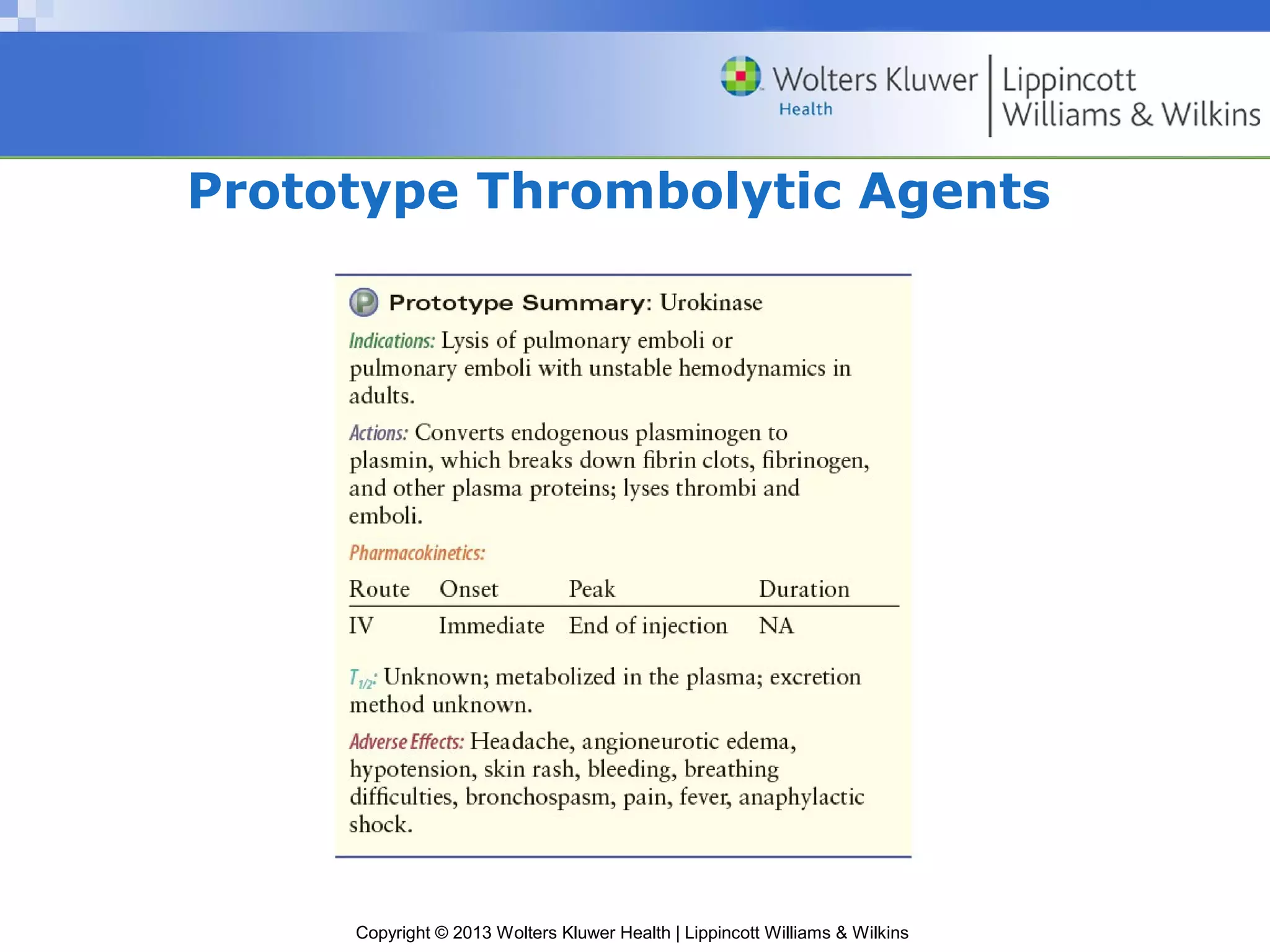 Copyright © 2013 Wolters Kluwer Health | Lippincott Williams & Wilkins
Prototype Thrombolytic Agents
 