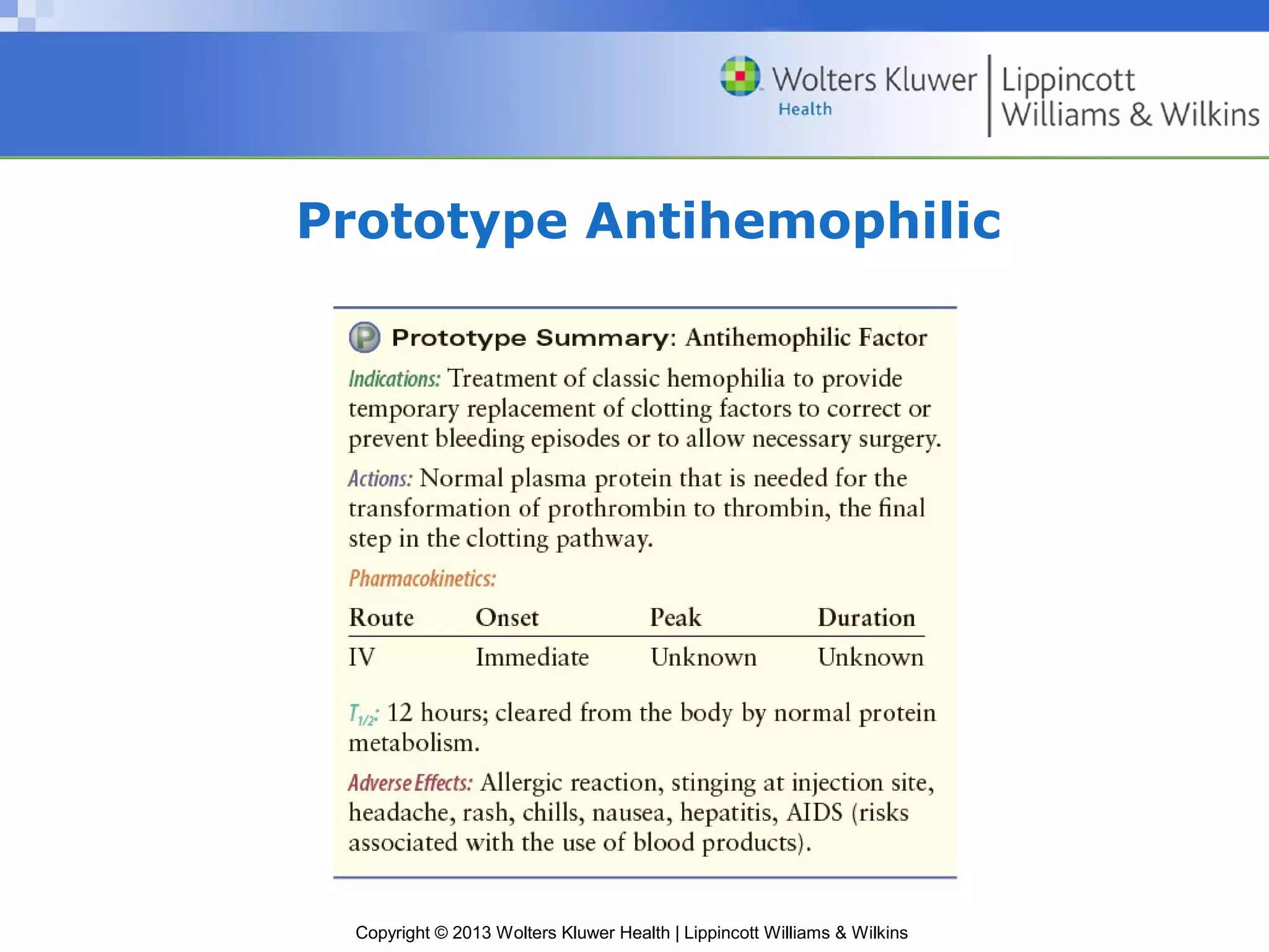 Copyright © 2013 Wolters Kluwer Health | Lippincott Williams & Wilkins
Prototype Antihemophilic
 