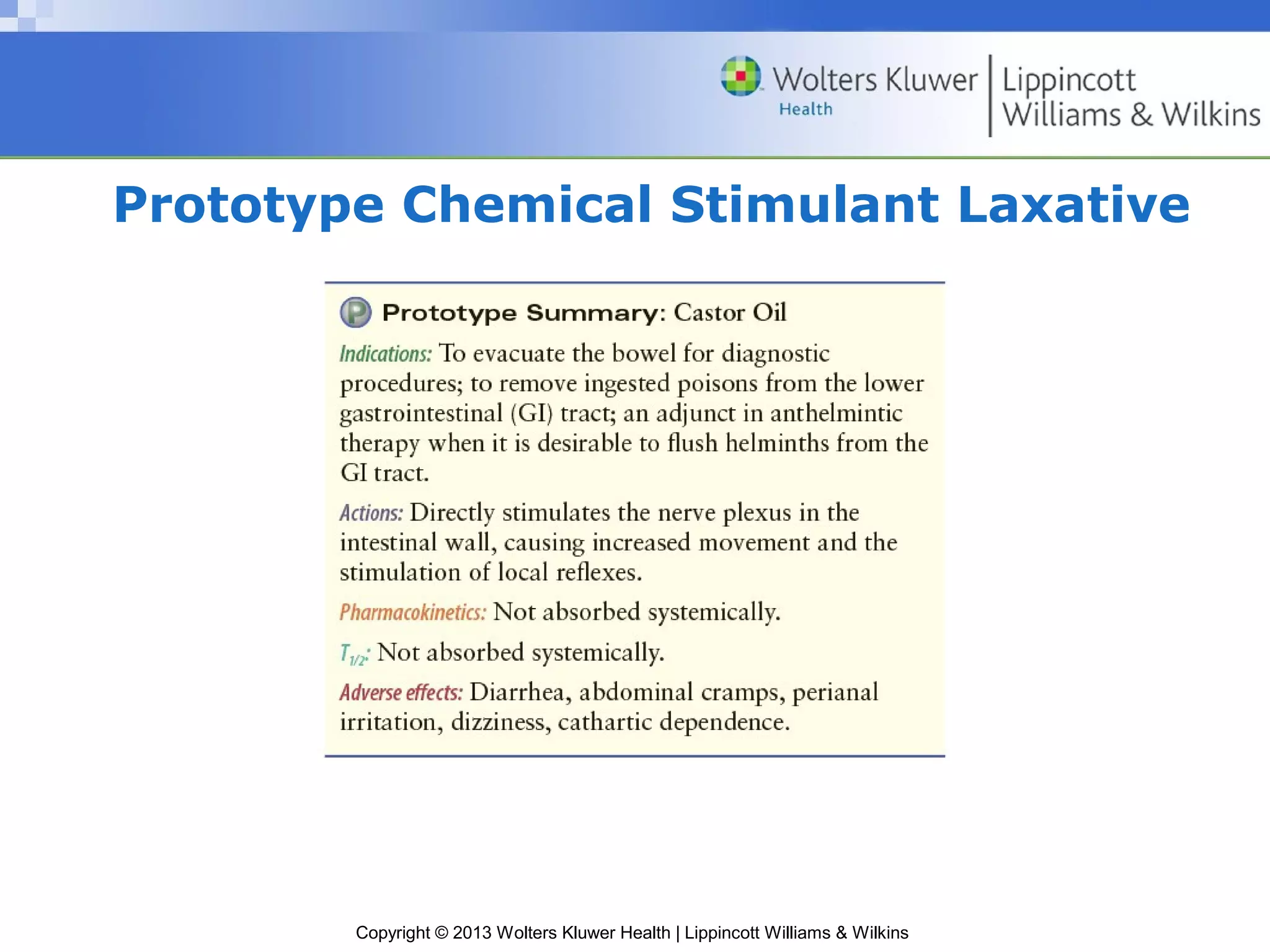 Prototype Chemical Stimulant Laxative 
Copyright © 2013 Wolters Kluwer Health | Lippincott Williams & Wilkins 
 