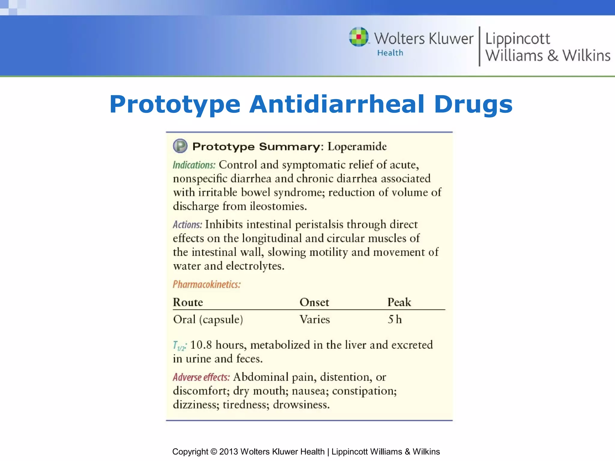 Prototype Antidiarrheal Drugs 
Copyright © 2013 Wolters Kluwer Health | Lippincott Williams & Wilkins 
 