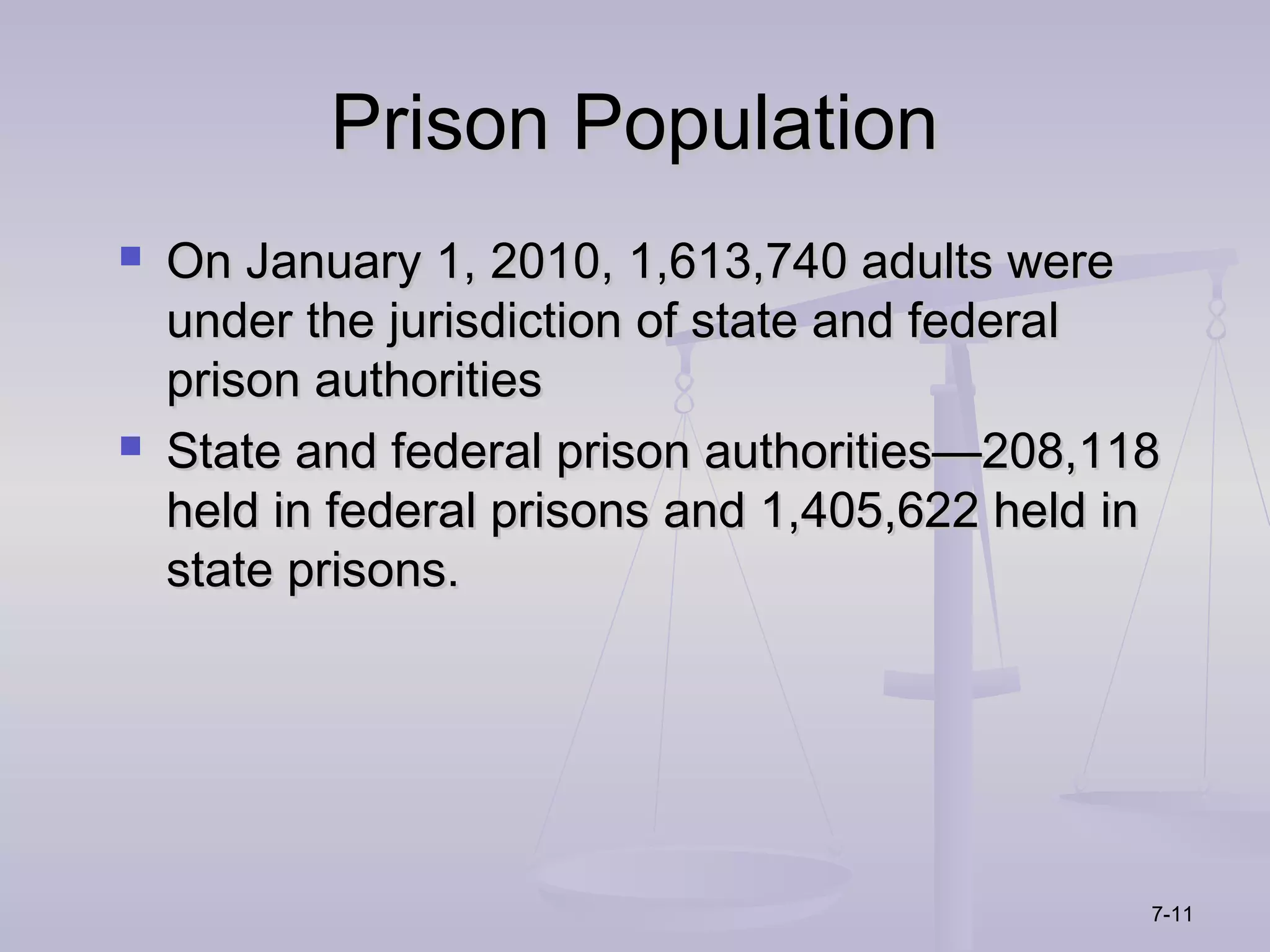 Prison Population
   On January 1, 2010, 1,613,740 adults were
    under the jurisdiction of state and federal
    prison authorities
   State and federal prison authorities—208,118
    held in federal prisons and 1,405,622 held in
    state prisons.




                                                7-11
 