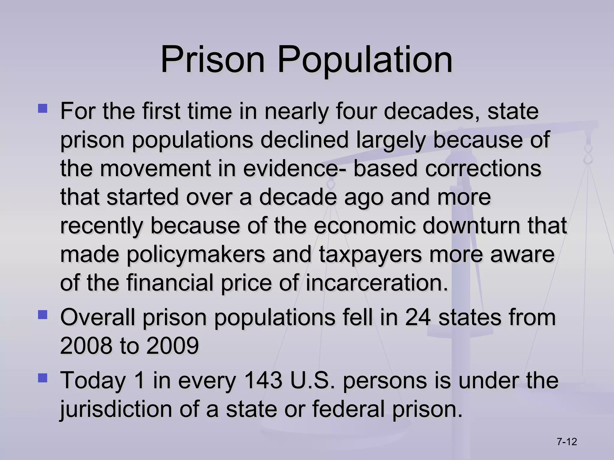 Prison Population
   For the first time in nearly four decades, state
    prison populations declined largely because of
    the movement in evidence- based corrections
    that started over a decade ago and more
    recently because of the economic downturn that
    made policymakers and taxpayers more aware
    of the financial price of incarceration.
   Overall prison populations fell in 24 states from
    2008 to 2009
   Today 1 in every 143 U.S. persons is under the
    jurisdiction of a state or federal prison.
                                                   7-12
 