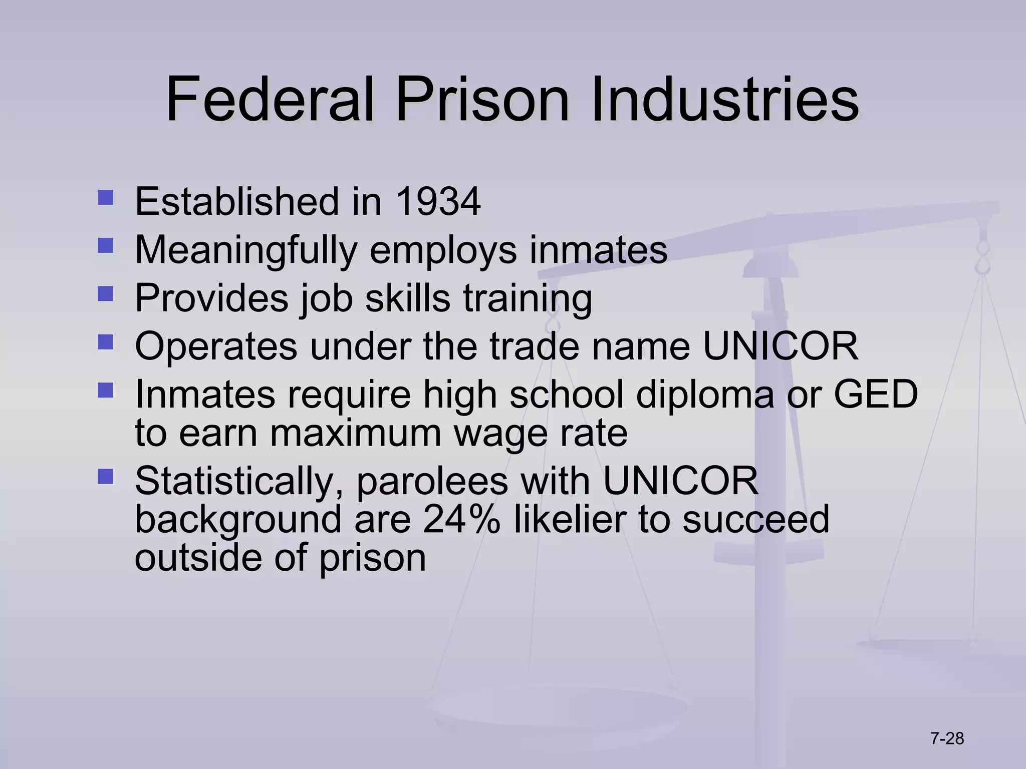 Federal Prison Industries
   Established in 1934
   Meaningfully employs inmates
   Provides job skills training
   Operates under the trade name UNICOR
   Inmates require high school diploma or GED
    to earn maximum wage rate
   Statistically, parolees with UNICOR
    background are 24% likelier to succeed
    outside of prison



                                                 7-28
 