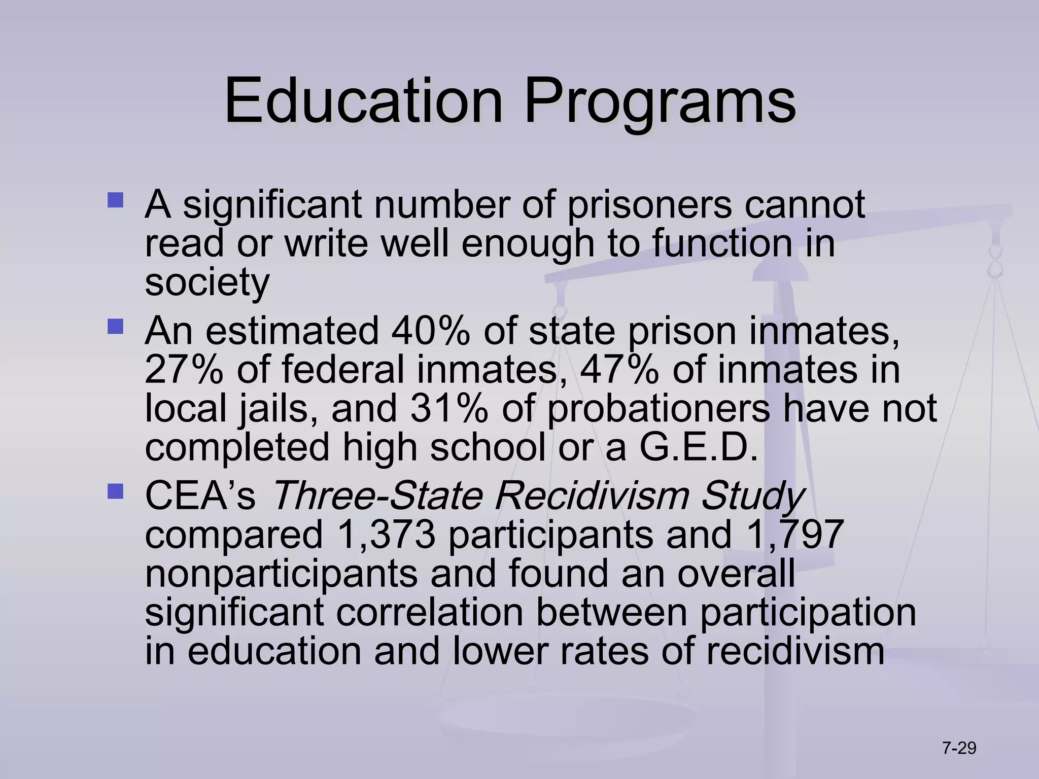 Education Programs
   A significant number of prisoners cannot
    read or write well enough to function in
    society
   An estimated 40% of state prison inmates,
    27% of federal inmates, 47% of inmates in
    local jails, and 31% of probationers have not
    completed high school or a G.E.D.
   CEA’s Three-State Recidivism Study
    compared 1,373 participants and 1,797
    nonparticipants and found an overall
    significant correlation between participation
    in education and lower rates of recidivism

                                                    7-29
 