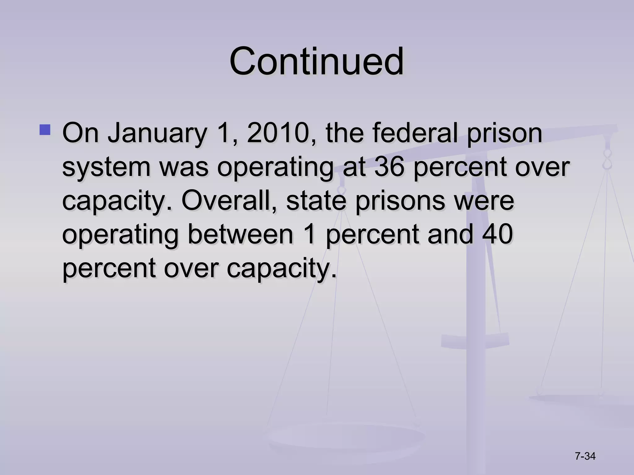 Continued
   On January 1, 2010, the federal prison
    system was operating at 36 percent over
    capacity. Overall, state prisons were
    operating between 1 percent and 40
    percent over capacity.




                                              7-34
 