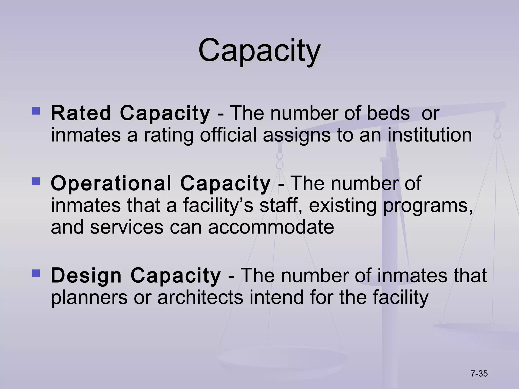 Capacity
   Rated Capacity - The number of beds or
    inmates a rating official assigns to an institution

   Operational Capacity - The number of
    inmates that a facility’s staff, existing programs,
    and services can accommodate

   Design Capacity - The number of inmates that
    planners or architects intend for the facility


                                                      7-35
 