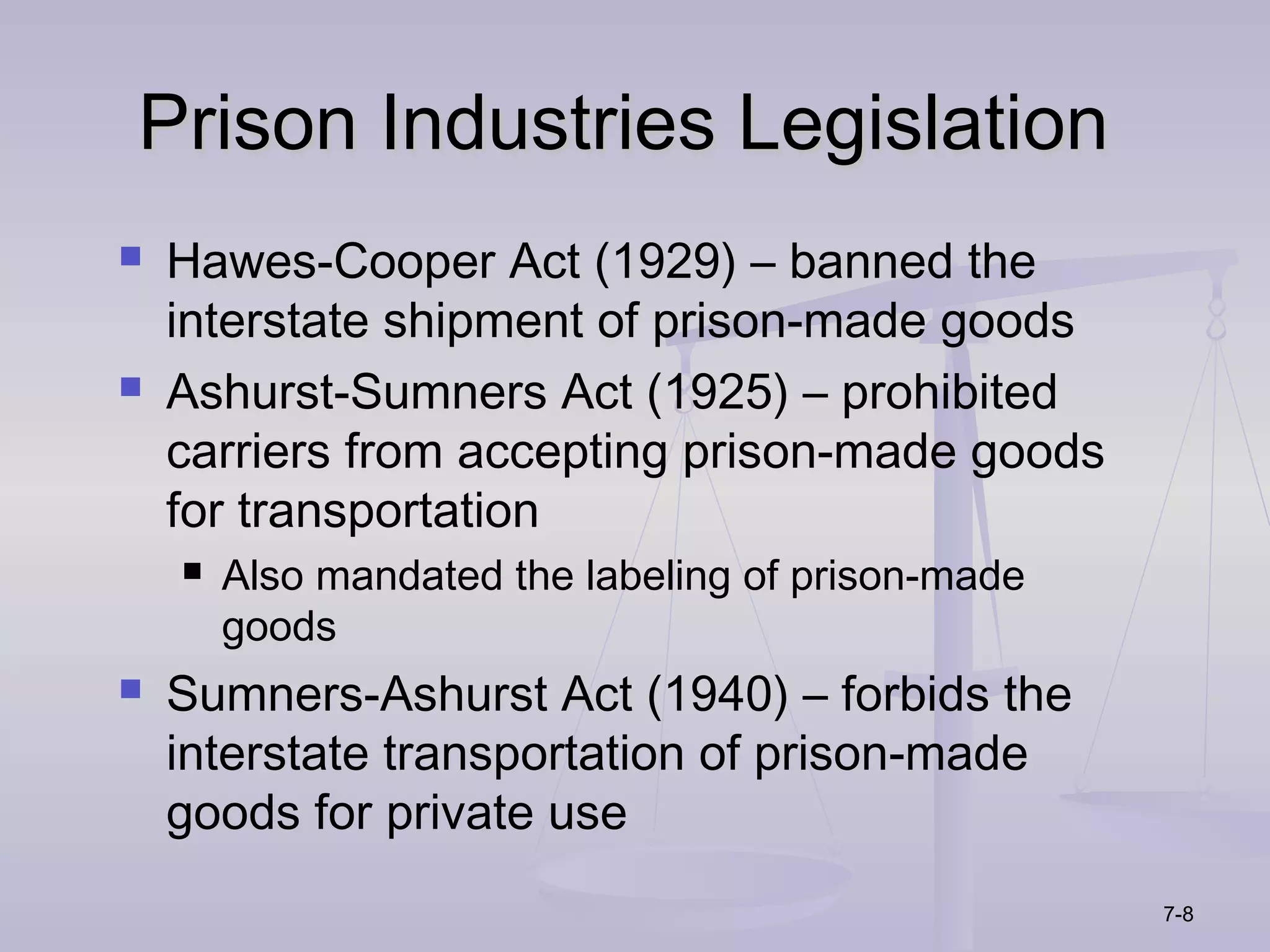 Prison Industries Legislation
   Hawes-Cooper Act (1929) – banned the
    interstate shipment of prison-made goods
   Ashurst-Sumners Act (1925) – prohibited
    carriers from accepting prison-made goods
    for transportation
       Also mandated the labeling of prison-made
        goods
   Sumners-Ashurst Act (1940) – forbids the
    interstate transportation of prison-made
    goods for private use
                                                    7-8
 