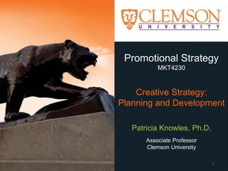 Promotional Strategy
MKT4230
Creative Strategy:
Planning and Development
Patricia Knowles, Ph.D.
Associate Professor
Clemson University
1
 