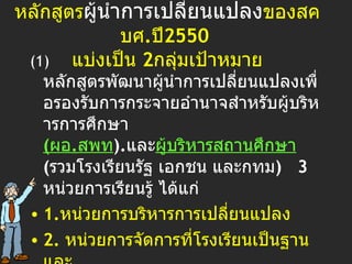 หลักสูตร ผู้นำการเปลี่ยนแปลง ของสคบศ . ปี 2550  แบ่งเป็น  2 กลุ่มเป้าหมาย ( 1)   หลักสูตรพัฒนาผู้นำการเปลี่ยนแปลงเพื่อรองรับการกระจายอำนาจสำหรับผู้บริหารการศึกษา  ( ผอ . สพท ). และ ผู้บริหารสถานศึกษา   ( รวมโรงเรียนรัฐ เอกชน และกทม )  3   หน่วยการเรียนรู้ ได้แก่ 1. หน่วยการบริหารการเปลี่ยนแปลง  2.  หน่วยการจัดการที่โรงเรียนเป็นฐาน และ 3.  หน่วยปฎิรูปการเรียนรู้เพื่อพัฒนาคุณภาพผู้เรียนตามมาตรฐานการศึกษาของชาติ 