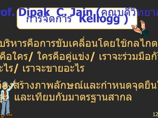 12 1.  การบริหารคือการขับเคลื่อนโดยใช้กลไกตลาด ลูกค้าคือใคร /  ใครคือคู่แข่ง /  เราจะร่วมมือกับใคร / เราเก่งอะไร /  เราจะขายอะไร 2.  ต้องสร้างภาพลักษณ์และกำหนดจุดยืนในตลาด เช่น  มีลักษณะเฉพาะ  และเทียบกับมาตรฐานสากล Prof. Dipak  C. Jain ( คณบดีวิทยาลัย การจัดการ  Kellogg )  