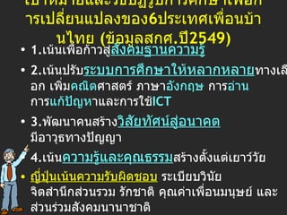 เป้าหมายและวิธีปฏิรูปการศึกษาเพื่อการเปลี่ยนแปลงของ 6 ประเทศเพื่อนบ้านไทย  ( ข้อมูลสกศ . ปี 2549) 1. เน้นเพื่อก้าวสู่ สังคมฐานความรู้ 2. เน้นปรับ ระบบการศึกษาให้หลากหลาย ทางเลือก เพิ่ม คณิต ศาสตร์ ภาษา อังกฤษ  การ อ่าน  การ แก้ปัญห าและการใช้ ICT 3. พัฒนาคนสร้าง วิสัยทัศน์สู่อนาคต  มีอาวุธทางปัญญา 4. เน้น ความรู้และคุณธรรม สร้างตั้งแต่เยาว์วัย  ญี่ปุ่นเน้นความรับผิดชอบ  ระเบียบวินัย จิตสำนึกส่วนรวม รักชาติ คุณค่าเพื่อนมนุษย์ และ ส่วนร่วมสังคมนานาชาติ เกาหลี  เน้นเป็นเลิศทางการศึกษา ประเพณี  วิทยาศาสตร์และพลโลก สิงคโปร์  เน้น การเป็น นักคิด  และสมานฉันท์  