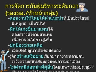 การจัดการกับผู้บริหารระดับกลาง   ( รอง ผอ . / หัวหน้ากลุ่ม ) - สอนงานให้โดยให้คำแนะนำ ที่เป็นประโยชน์  มีเหตุผล  เป็นไปได้ - ฝึกให้เก่งขึ้นมาแทน ได้  ต้องสร้างตัวตายตัวแทน  เพื่อท่านจะได้ก้าวสูงขึ้น - ปกป้องช่วยเหลือ   เมื่อเกิดปัญหาหรือข้อขัดแย้ง - รู้จัก สร้างเครือข่าย เรียกมาทำงานหลายคน  ระวังความสนิทสนมส่วนตนความลำเอียง - ไม่ตำหนิต่อหน้าที่ผู้อื่น โดยเฉพาะห้องประชุม เรียกมาคุยเพื่อให้คำแนะนำอย่างนุ่มนวล 30 