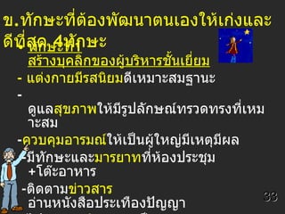 ข . ทักษะที่ต้องพัฒนาตนเองให้เก่งและดีที่สุด  4 ทักษะ ทักษะที่ 1  สร้างบุคลิกของผู้บริหารชั้นเยี่ยม -  แต่งกายมีรสนิยม ดีเหมาะสมฐานะ -  ดูแล สุขภาพ ให้มีรูปลักษณ์ทรวดทรงที่เหมาะสม - ควบคุมอารมณ์ ให้เป็นผู้ใหญ่มีเหตุมีผล - มีทักษะและ มารยาท ที่ห้องประชุม + โต๊ะอาหาร   - ติดตาม ข่าวสาร  อ่านหนังสือประเทืองปัญญา -  ไปเข้าร่วม สัมมนา + เป็น วิทยากร   -  รู้จัก ทักษะการแสดงออก ต่อหน้าผู้อื่น เหมาะสมกับบทผู้ช่วยพระเอก  อย่าเล่นบทนางอิจฉา  ผู้ร้าย 33 