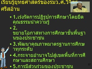 เรียนรู้ ยุทธศาสตร์ ของ รมว . ศ . วิจิตร ศรีสอ้าน  1 . เร่งรัดการปฏิรูปการศึกษาโดยยึดคุณธรรมนำความรู้   2.  ขยายโอกาสทางการศึกษาขั้นพื้นฐานของประชาชน 3 . พัฒนาคุณภาพมาตรฐานการศึกษาทุกระดับ 4 . กระจายอำนาจไปสู่เขตพื้นที่การศึกษาและสถานศึกษา 5 . การมีส่วนร่วมของประชาชน ภาคเอกชน และท้องถิ่น 6. การศึกษาเขตพัฒนาพิเศษเฉพาะกิจจังหวัดชายแดนภาคใต้ 57 