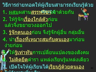 วิธีการถ่ายทอดให้ผู้เรียนสามารถเรียนรู้ด้วยตนเอง 1.  ผสม ผสาน สรรพวิชา เข้าด้วยกัน 2.  ให้รู้จัก เรื่องใกล้ตัว ก่อน แล้วจึงขยายวงออกไป 3.  รู้จักตนเอง ก่อน จึงรู้จักผู้อื่น กลุ่มอื่น 4.  นำ เรื่องที่เหมาะสมกับตนเอง มาก่อน ง่ายก่อน 5.  ให้ รู้เท่าทัน การเปลี่ยนแปลงของสังคม 6.  ไม่ติดยึด ตำรา แหล่งเรียนรู้แหล่งเดียว  7.  เปิดใจให้ผู้เรียนได้ เรียนรู้ด้วยตนเอง   ไปค้นหาเพิ่มเติม 8. ทำให้ผู้เรียนรู้ว่ามีสิ่งที่รู้แล้วแต่ ยังไม่รู้ อีกมากต้องใฝ่รู้ อีก 9.  สอนให้ฟังไป คิดตาม ไป ด้วย 40 