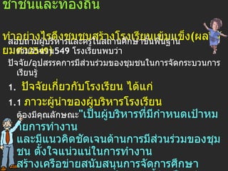 สนองนโยบายข้อ 5 การมีส่วนร่วมของประชาชนและท้องถิ่น   ทำอย่างไรดึงชุมชนสร้างโรงเรียนเข้มแข็ง ( ผลวิจัยมศว 2549 ) สอบถามผู้บริหารและครูในสถานศึกษาขั้นพื้นฐาน รวมจำนวน 549  โรงเรียนพบว่า  ปัจจัย / อุปสรรคการมีส่วนร่วมของชุมชนในการจัดกระบวนการเรียนรู้  1.  ปัจจัยเกี่ยวกับโรงเรียน ได้แก่   1.1   ภาวะผู้นำของผู้บริหารโรงเรียน  ต้องมีคุณลักษณะ " เป็นผู้บริหารที่มีกำหนดเป้าหมายการทำงาน และมีแนวคิดชัดเจนด้านการมีส่วนร่วมของชุมชน ตั้งใจแน่วแน่ในการทำงาน สร้างเครือข่ายสนับสนุนการจัดการศึกษา แม้ว่าตามสภาพการณ์ในขณะนี้ยังเป็นเพียงการบริจาคทรัพย์ อุปกรณ์การเรียนการสอน แต่ผู้บริหารก็ต้องเป็นผู้ริเริ่มในการสร้างความสัมพันธ์และรู้จักเจรจาต่อรองและแลกเปลี่ยน รวมทั้งต้องเป็นผู้มีมนุษยสัมพันธ์กับทุกคนที่เกี่ยวข้อง " 