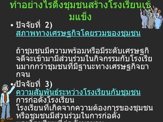 ทำอย่างไรดึงชุมชนสร้างโรงเรียนเข้มแข็ง ปัจจัยที่   2)  สภาพทางเศรษฐกิจโดยรวมของชุมชน   ถ้าชุมชนมีความพร้อมหรือมีระดับเศรษฐกิจดีจะเข้ามามีส่วนร่วมในกิจกรรมกับโรงเรียนมากกว่าชุมชนที่มีฐานะทางเศรษฐกิจยากจน   ปัจจัยที่   3)  ความสัมพันธ์ระหว่างโรงเรียนกับชุมชน  การก่อตั้งโรงเรียน โรงเรียนที่เกิดจากความต้องการของชุมชน หรือชุมชนมีส่วนร่วมในการก่อตั้ง และโรงเรียนที่ก่อตั้งมานาน จะได้รับการสนับสนุนหรือมีส่วนร่วมกับชุมชนสูง  ปัจจัยที่  4)  ด้านนโยบายรัฐ  ผลจากการประกาศใช้ พ . ร . บ . การศึกษาแห่งชาติ พ . ศ . 2542  เป็นปัจจัยสำคัญที่ผลักดันให้โรงเรียนให้ความสำคัญกับการมีส่วนร่วมของชุมชนมากขึ้น 