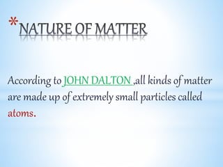 *
According to JOHN DALTON ,all kinds of matter
are made up of extremely small particles called
atoms.
 