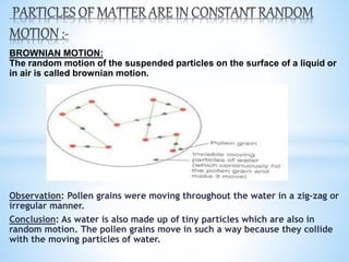 BROWNIAN MOTION:
The random motion of the suspended particles on the surface of a liquid or
in air is called brownian motion.
Observation: Pollen grains were moving throughout the water in a zig-zag or
irregular manner.
Conclusion: As water is also made up of tiny particles which are also in
random motion. The pollen grains move in such a way because they collide
with the moving particles of water.
 