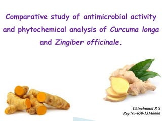 Comparative study of antimicrobial activity
and phytochemical analysis of Curcuma longa
and Zingiber officinale.
Chinchumol R S
Reg No-650-15140006
 