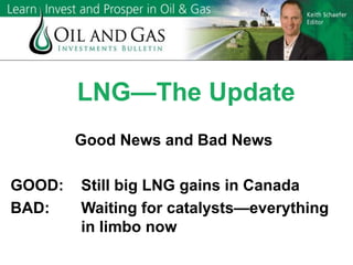 LNG—The Update
Good News and Bad News
GOOD: Still big LNG gains in Canada
BAD: Waiting for catalysts—everything
in limbo now
 