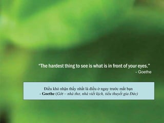 “The hardest thing to see is what is in front of your eyes.”
- Goethe

Điều khó nhận thấy nhất là điều ở ngay trước mắt bạn
- Goethe (Gớt – nhà thơ, nhà viết kịch, tiểu thuyết gia Đức)

 