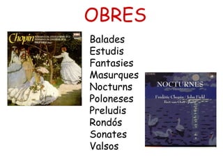OBRES
Balades
Estudis
Fantasies
Masurques
Nocturns
Poloneses
Preludis
Rondós
Sonates
Valsos
 