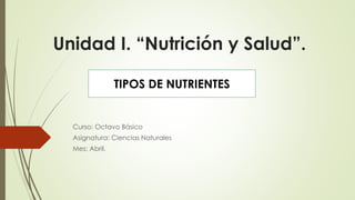 Unidad I. “Nutrición y Salud”.
Curso: Octavo Básico
Asignatura: Ciencias Naturales
Mes: Abril.
TIPOS DE NUTRIENTES
 