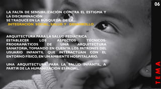 06
LA FALTA DE SENSIBILIZACIÓN CONTRA EL ESTIGMA Y
LA DISCRIMINACIÓN
SE TRADUCE EN LA BÚSQUEDA DE LA…
 INTEGRACIÓN SOCIAL, SALUD Y DESARROLLO


ARQUITECTURA PARA LA SALUD PEDIATRICA
ESTABLECER      LOS     ASPECTOS      TÉCNICOS-
PROGRAMÁTICOS       DE    UNA     ARQUITECTURA
SANATORIA, TOMANDO EN CUENTA LOS PATRONES DEL
USUARIO INFANTIL QUE INTERACTÚAN CON EL
ENTORNO FÍSICO, EN UN AMBIENTE HOSPITALARIO
                               HOSPITALARIO.




                                                  TEMA
UNA ARQUITECTURA PARA LA SALUD INFANTIL, A
PARTIR DE LA HUMANIZACIÓN ESPACIAL.
 