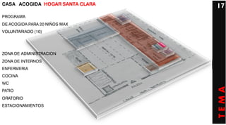 CASA ACOGIDA HOGAR SANTA CLARA   17
PROGRAMA
DE ACOGIDA PARA 20 NIÑOS MAX
VOLUNTARIADO (10)




ZONA DE ADMINISTRACION
ZONA DE INTERNOS
ENFERMERIA
COCINA
WC




                                 TEMA
PATIO
ORATORIO
ESTACIONAMIENTOS
 