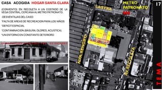 CASA ACOGIDA HOGAR SANTA CLARA                                 METRO       17
(CONVENTO) EN RECOLETA A UN COSTADO DE LA
                                                               PATRONATO
VEGA CENTRAL, CERCANA AL METRO PATRONATO.
-DESVENTAJAS DEL CASO:
°FALTA DE AREAS DE RECREACION PARA LOS NIÑOS
°DEFICIT ESPACIAL
°CONTAMINACION (BASURA, OLORES, ACUSTICA)
°UN ENTORNO EN CONSTANTE DETERIORO


UN OR G AN I SM O I N T I M I D AD O P OR   S U E N T O RN O




                                                                           TEMA
 