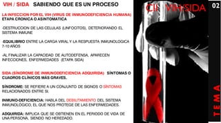 VIH / SIDA SABIENDO QUE ES UN PROCESO                                         02
LA INFECCION POR EL VIH (VIRUS DE INMUNODEFICIENCIA HUMANA)
                                                               CII VIH/SIDA
ETAPA CRONICA O ASINTOMATICA

-DESTRUCCION DE LAS CELULAS (LINFOCITOS), DETERIORANDO EL
 DESTRUCCION
SISTEMA INMUNE

-EQUILIBRIO ENTRE LA CARGA VIRAL Y LA RESPUESTA INMUNOLOGICA
7-10 AÑOS

-AL FINALIZAR LA CAPACIDAD DE AUTODEFENSA, APARECEN
 AL
INFECCIONES, ENFERMEDADES (ETAPA SIDA)


SIDA (SÍNDROME DE INMUNODEFICIENCIA ADQUIRIDA) SÍNTOMAS O
CUADROS CLÍNICOS MÁS GRAVES.




                                                                              TEMA
SÍNDROME: SE REFIERE A UN CONJUNTO DE SIGNOS O SÍNTOMAS
RELACIONADOS ENTRE SI.

INMUNO-DEFICIENCIA: HABLA DEL DEBILITAMIENTO DEL SISTEMA
INMUNOLÓGICO, EL QUE NOS PROTEGE DE LAS ENFERMEDADES.

ADQUIRIDA: IMPLICA QUE SE OBTIENEN EN EL PERIODO DE VIDA DE
UNA PERSONA, SIENDO NO HEREDADO.
 