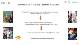 PERMENKES NO. 74 TAHUN 2014 TENTANG PUSKESMAS
Tenaga kefarmasian merupakan salah satu Tenaga Kesehatan yang
Melakukan Pekerjaan kefarmasian
Tugas Tenaga Kefarmasian dalam penyelanggaran
Program Indonesia Sehat Pendekatan Keluarga (PIS – PK) :
1. Melaksanakan kunjungan rumah ( Home Pharmacy Care)
2. Tenaga Farmasi sebagai pembina keluarga
4
 