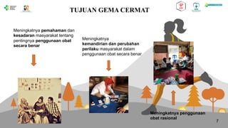 7
TUJUAN GEMA CERMAT
Meningkatnya pemahaman dan
kesadaran masyarakat tentang
pentingnya penggunaan obat
secara benar
Meningkatnya
kemandirian dan perubahan
perilaku masyarakat dalam
penggunaan obat secara benar
Meningkatnya penggunaan
obat rasional
 