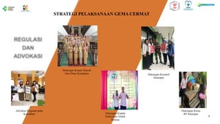 30
9
STRATEGI PELAKSANAAN GEMA CERMAT
Advokasi Kegiatan pada
Kelurahan
Dukungan Kepala Daerah
Dan Dinas Kesehatan
Dukungan Kepala
Puskesmas Alalak
Selatan
Dukungan Koramil
Setempat
Dukungan Ketua
RT Setempat
 